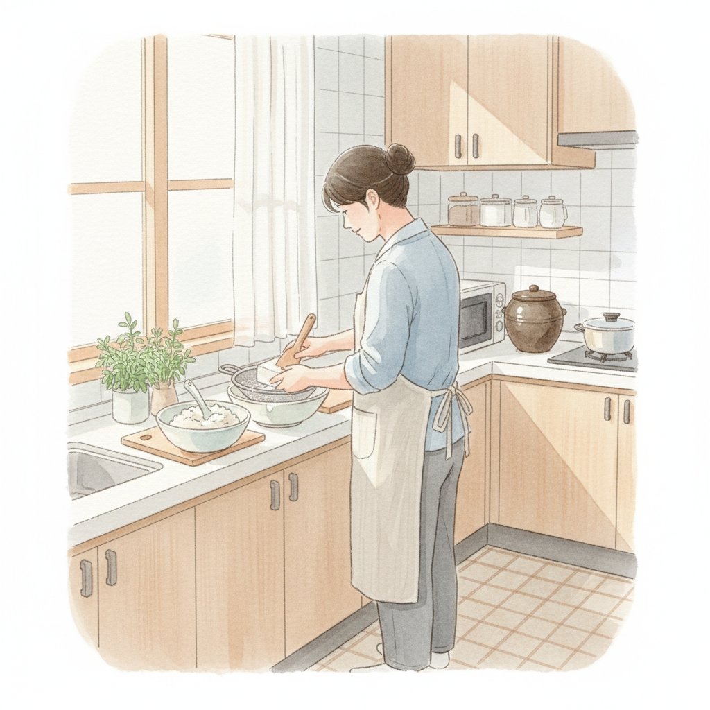 부모가 아기 이유식용 두부를 준비하는 장면 일러스트