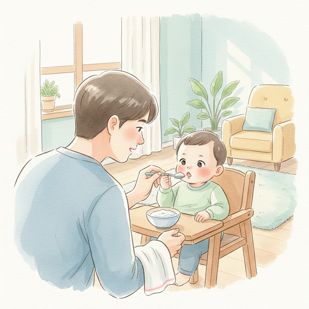 아기에게 흰살생선 이유식을 먹이며 반응을 관찰하는 보호자 장면 일러스트