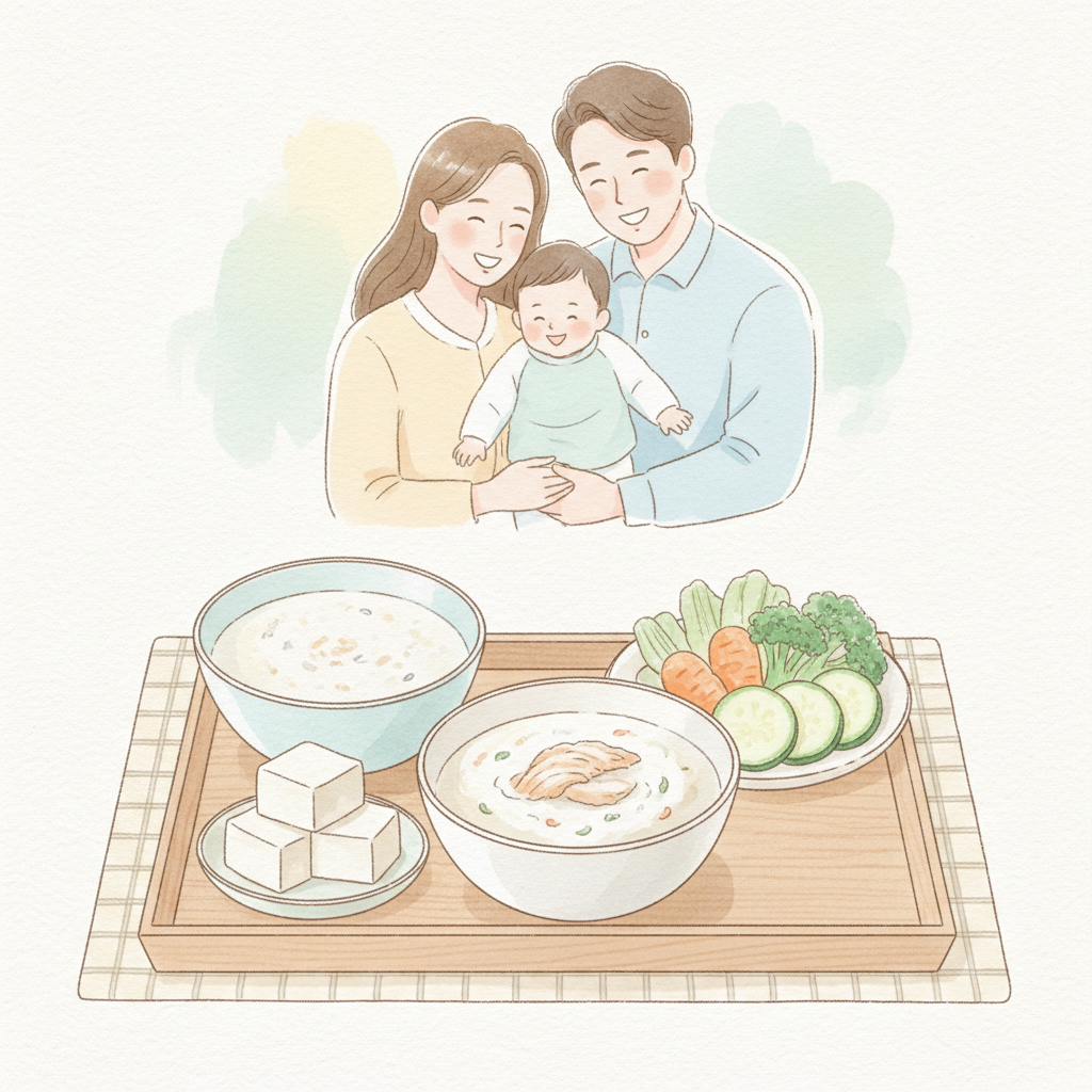 흰살생선 이유식과 쌀미음 두부 채소 조합을 떠올리게 하는 일러스트