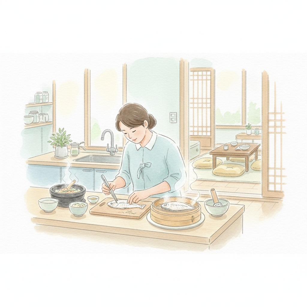 부모가 아기 이유식용 흰살생선의 가시를 확인하고 손질하는 장면 일러스트